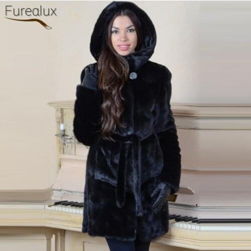FUREALUX Real Mink Fur Coat Fashion Trend Casual Womens Winter Warmth Thick Natural Fur Mid-length Hooded Pockets Solid Color