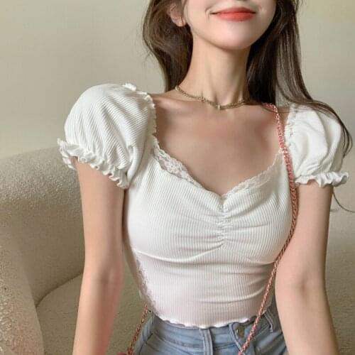 Womens Short Trim White Short-sleeved T-shirts Lace Bubble Sleeve Sexy Female Tops 2021 Summer New Tees Streetwear Solid Color