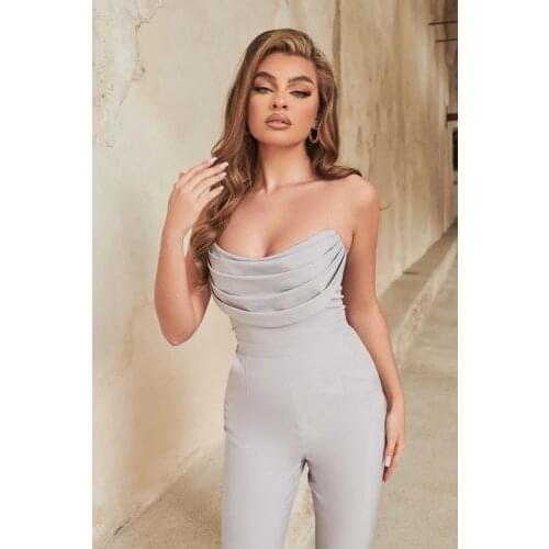 High Street Summer New Gray Sexy Off Shouldee Sleeveless Slim Bodycon Bandage Jumpsuit Elegant Casual Elasticity Party Jumpsuit