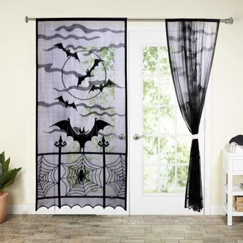 Halloween Black Bat Spider Curtains for Doorway Decoration Sheer Lace Short Party Festival Window Drapes