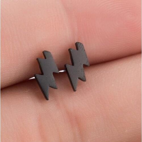 Hfarich Punk Black Stainless Steel Lightning Stud Earrings For Men Women Street Pop Hip Hop Ear Jewelry Party Daily Accessories