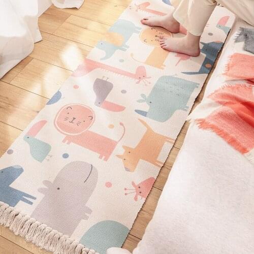 LISM Cotton cartoon hand-woven rug long bed fringed non-slip carpet