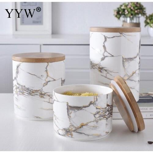 Marble Storage Jars For Slimes Cereals Storage In The Kitchen Home Ceramic Container With Wood Cover Seal Cans Bank Organizer