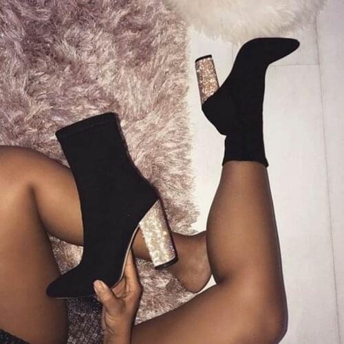 New Autumn Winter Stretch Fabric Women Boots Fashion Round Toe Ankle Boots Bling High Heels Woman Socks Boots