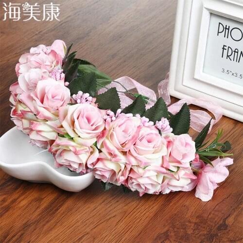 Haimeikang Solid color Rose Flower HairBand Elastic Red Rose Hair Headband Wedding Headdress for Women Hair Accessories