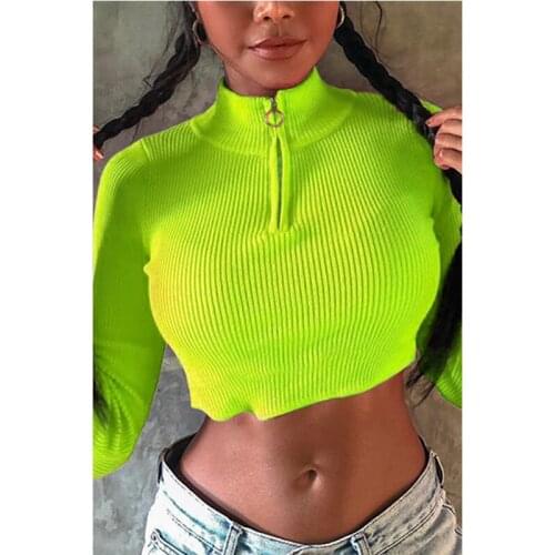 Solid Color Ribbed Women T Shirt Streetwear Crop Top Bandage Long Sleeve Sexy Autumn Spring Clothes Fashion High Neck T-shirt