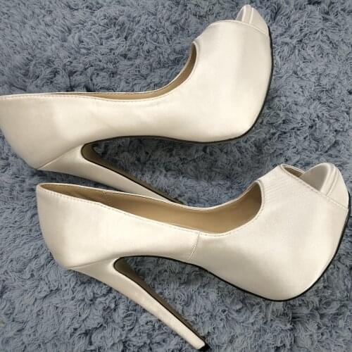 Sexy Ivory Satin Pumps High Heel Wedding Bridals Dress Party Women Pumps Summer New Peep Toe Platform Stiletto 14cm Heels Shoes