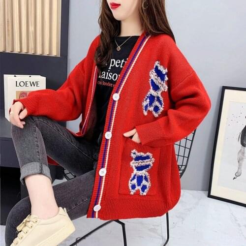 Cute Cartoon Sweater Cardigan Womens Sweaters Long Sleeve Loose Knit Sweater Coats Autumn and Winter