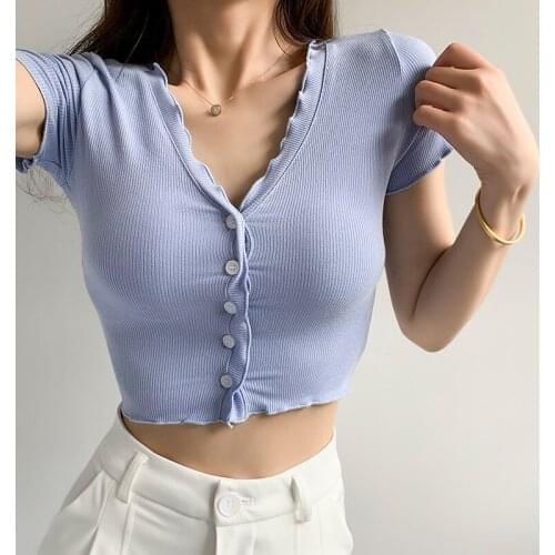 TVVOVVIN Spice Girls slim V neck Ruffle grey short top slim short sleeve T shirt sweet lace knitting tees korean ZPIJ