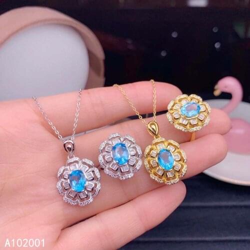 KJJEAXCMY fine jewelry natural blue topaz 925 sterling silver women pendant necklace ring set support test trendy hot selling