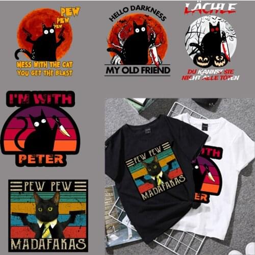 Funny Black Pew Pew Cat Vinyl Heat Transfer Patches Diy Knife Cat Sticker For T-shirt Clothes Decor