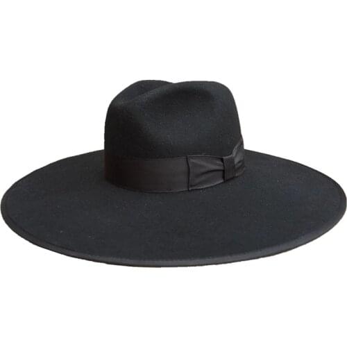 Womens Black Wool Felt Big Wide Brim Fedora Hat