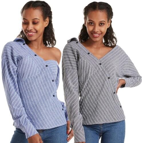 Women Fashion Long Sleeve Turn Down Collar Stripes Office Shirt Cotton Blouse womens shirt womens blouse fashion women blouses