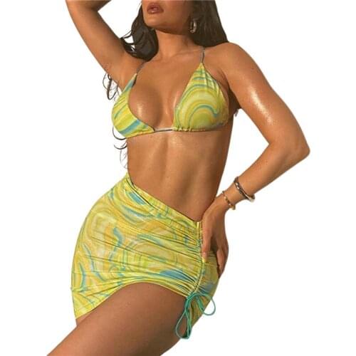 2 Piece Womens Bikini Set Women 2021 Summer Halter Push up Bra Swimwear Adjusted Tied Triangle Beach Cover Up Skirts