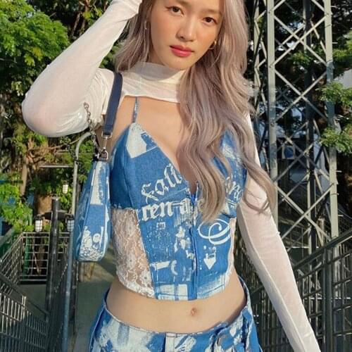 Vintage Lace Spliced Retro Graphic Print Corset Top Women Sexy Crop Tops Halter Camis 2021Summer New Streetwear Ladies Blue Tops