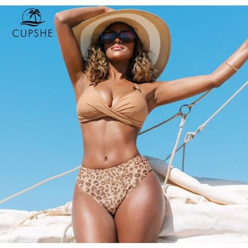 CUPSHE Orange Leopard O-Ring Mid Waist Bikini Sets Swimsuit For Women Sexy Lace Up Two Pieces Swimwear 2021 Beach Bathing Suits