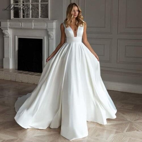 Lhuilier Womens A-Line V-neck Backless Satin Wedding Dresses 2020 High Waisted Floor Length Sleeveless Bridal Gowns with Bow