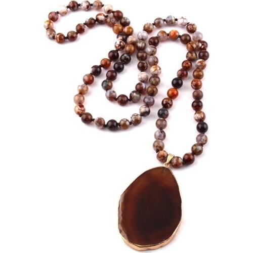 Fashion Semi Precious Stones Agat long Knotted Natural Stone Drop Pendant Necklace For Women Ethnic Necklace
