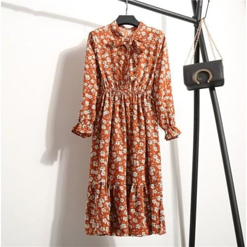 Korean Chiffon Women Dress 2020 Spring Autumn Long Sleeve Mid-calf Dress Floral Print Long Pleated Dresses Party Dress for Women
