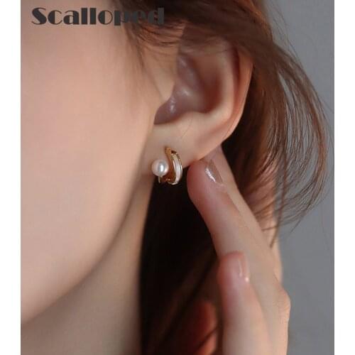 SCALLOPED Korean Metal Pearl Gold Earrings Geometric Curve Design Luxury Drip Glaze Autumn New Women Fine Jewelry