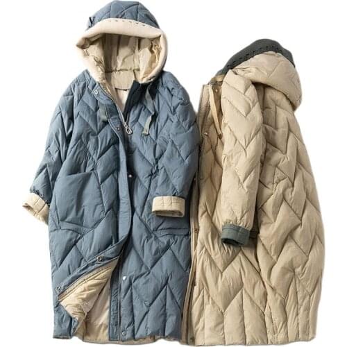 2021 Women parka Knitted Patchwork Hooded Coat Warm Thicken White Duck Down Jacket Parka Female Long Winter Outwears