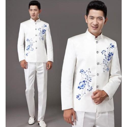 White stand collar porcelain costume slim men chinese tunic suit set with pants mens suits wedding groom formal dress suit +pan