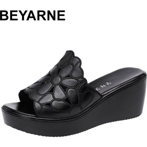 BEYARNE Big size 32-43 platform shoes women slippers summer 2020 open head high heels wedges slides ladies comfortable slipper
