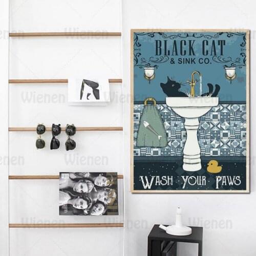 Retro Home Decoration Black Cat Wash Your Paws Picture Wall Art Canvas Painting Print Vintage Art Poster Bathroom Toliet Decor