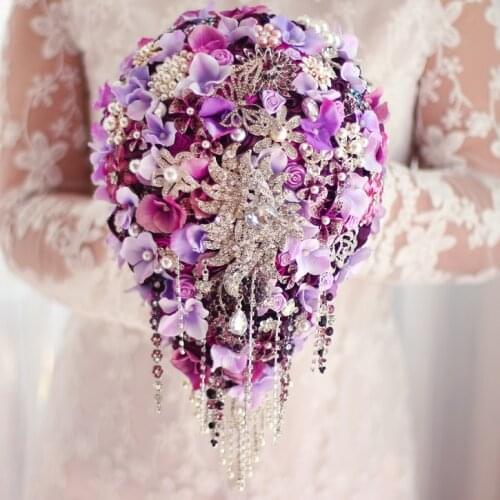 Purple Wedding bridal brooches bouquet, Water droplets hydrangea brides bouquet, Pearl crystal teardrop brooch bouquet decor