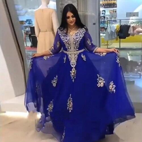 Royal Blue Moroccan Kaftan Evening Dresses 2020 Half Sleeves Appliques Dubai Arabic Muslim Special Occasion Formal Prom Gown