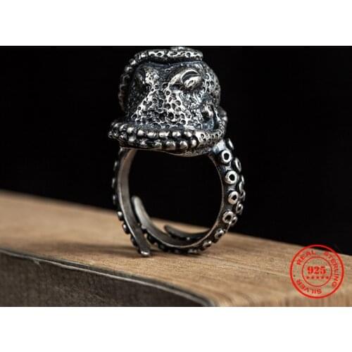 MKENDN Sea Animal Gothic Ring 100% 925 Sterling Silver Octopus Biker Ring For Men and Women Street Hip Hop Punk Dark Jewelry