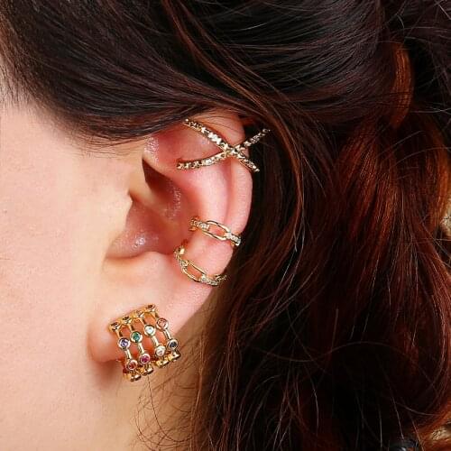 Fashion Hip Pop Cool One Pcs C Shape Premium Design Colorful Micro Pave CZ Ear Clip Non pierced Earrings For woman Ear Jewelry