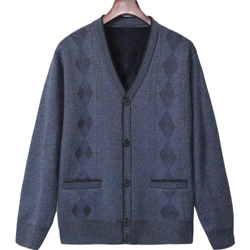 Fashion V-neck sweater cardigan coat men autumn and winter fleece catch thick warm middle-aged and old wool sweater