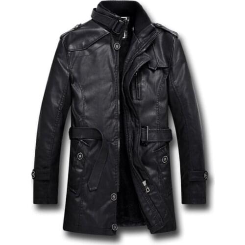 New British Style Motorcycle Black Leather Jacket Men Mid Long Windbreaker Leather Jackets Male Coats L-4XL