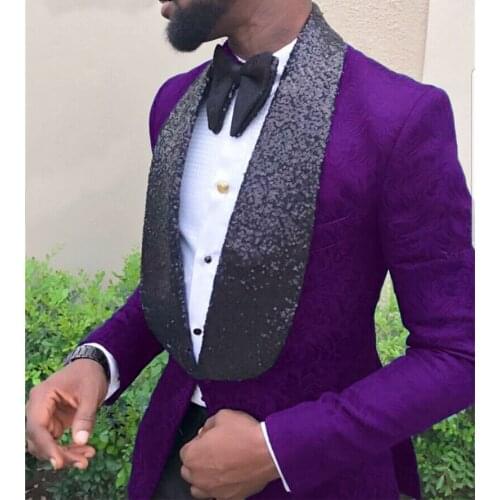 Newest Men Suits Purple and Black Groom Tuxedos Shawl Sequin Lapel Groomsmen Wedding Best Man ( Jacket+Pants+Bow Tie ) C690