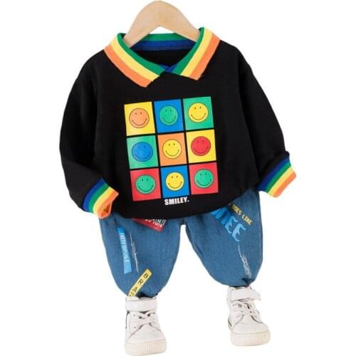 2021 New Baby Spring Autumn Long-sleeved Suit Childrens Turn-down Collar Smiling Pattern Boys Cotton Sets Childrens Clothing