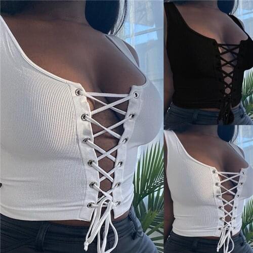 New Sexy Womens Sleeveless Vest Solid Color Bandage Lace Up Chest Hollow Out Tops For Female Ladies Top O Neck