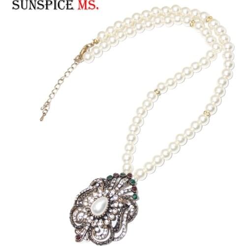 SUNSPICE-MS Turkish Bead Necklace for Women Imitation Pearl Chain Dual-Purpose Pendant Antique Gold Color Banque Jewelry