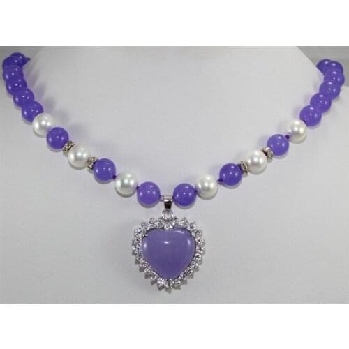Never-out-of -date purple jades dotted with white pearl & purple heart-shape jades pendant necklace for valentines day