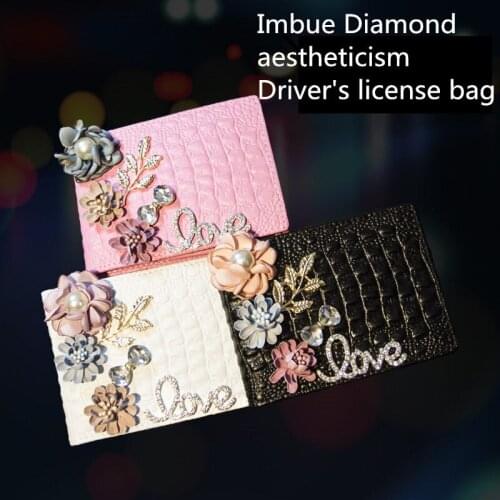 Flower Rhinestone Rainbow Auto Driver License Bag Car-styling Crystal Leather Car Driving Documents Card Credit Holder Purse