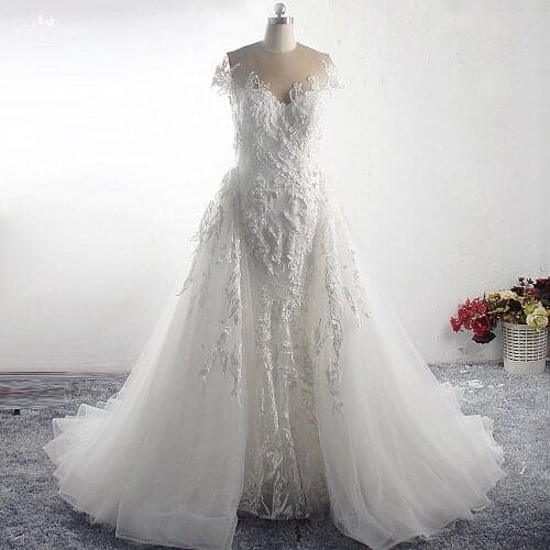 RSW1536 Vestido De Noiva Lace Mermaid Wedding Dresses 2020 Cap Sleeve Wedding Gown Bride Dress With Detachable Train