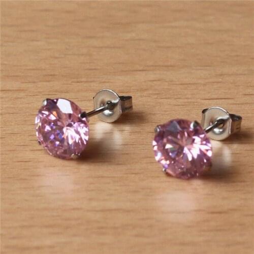 316 L Stainless Steel With 8mm Round AAA Pink Zircon Stud Earrings For Men And Women 2201903011408