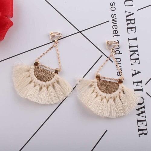JIOFREE Bohemia Tassels Clip on Earrings Women Accessories Cotton Handmade Fringed Earrings Ethnic Jewelry Trendy Style