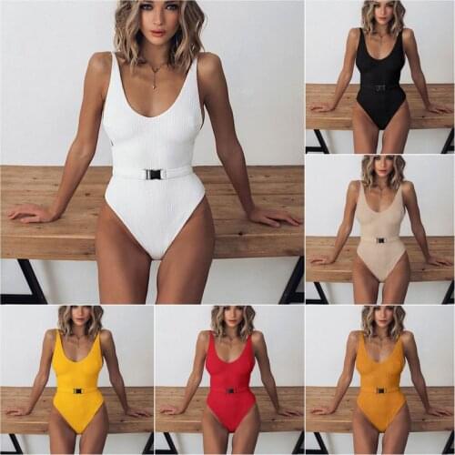One-Piece Swimsuit Retro Female Womens Beach Woman Clothes Tightening 2019 Women Connected Swimming Euro Pure Cloth Belt Button