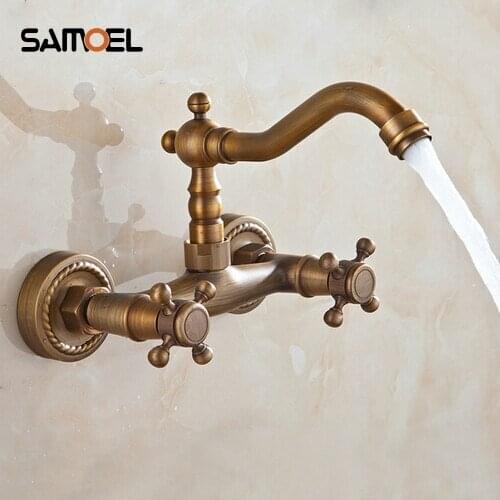 Antique Brass Bathroom Mixer Taps Double Handles Wall Mounted 360 Swivel Faucets AF1043