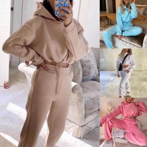 1 Set Hoodie Pants Set Hooded Drawstring Women Solid Color Crop Top Sweatshirt Sweatpants for Daily Wear