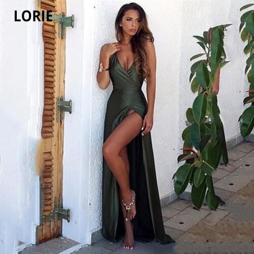 LORIE Sexy Backless Mermaid Evening Dresses Long Spaghetti Strap V-neck Special Occasion Simple Satin Prom Gown with High Split