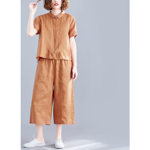 Vintage Casual All Match Women Pant Sets 2021 Summer Solid Loose Shirts and Wide Leg Linen Ankle Length Pant Female Pants Suits