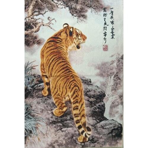 36 InchChina Exquisite Silk Embroidery Thangka Tiger Fengshui Wealth Portrait Household Decoration