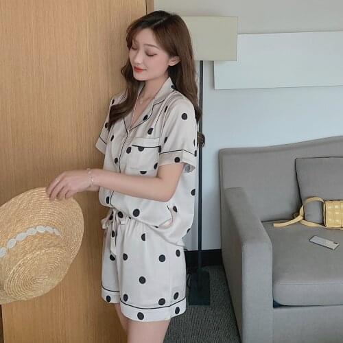 Simple polka dot Shorts Pajamas Sets Women Korea Elegant Satins ice Silk Short Sleeves casual Pyjamas Women Sleepwear